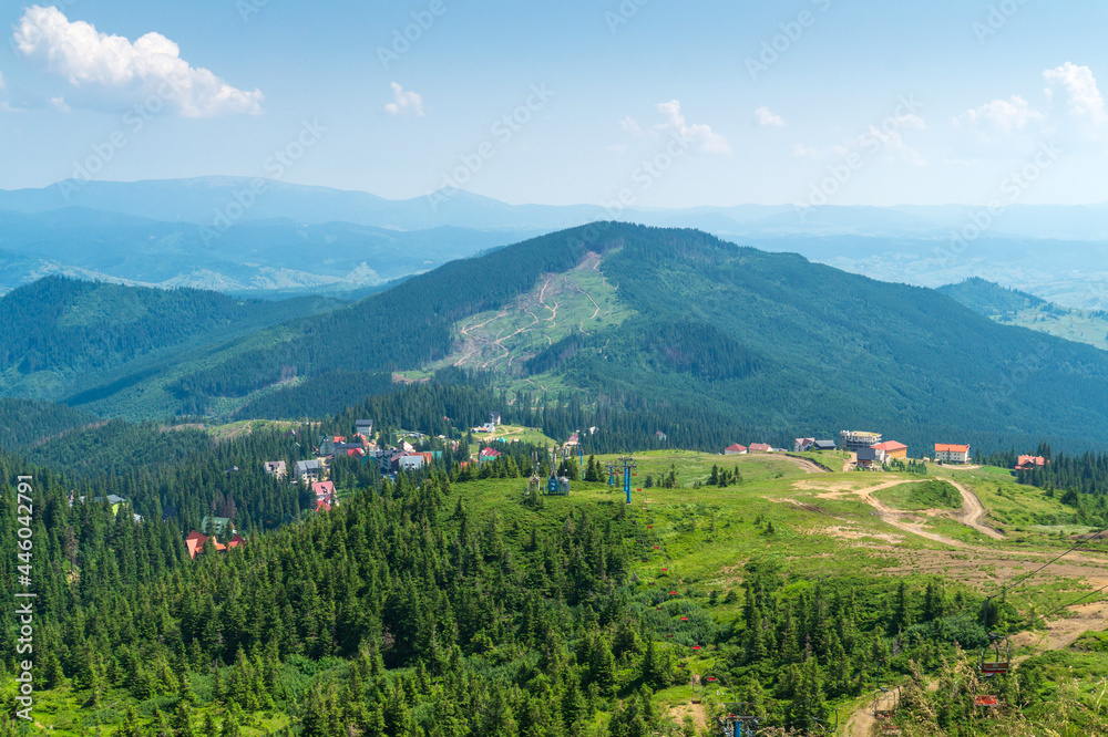 Panoramic view of the Dragobrat resort in Ukraine and the Carpathian mountains