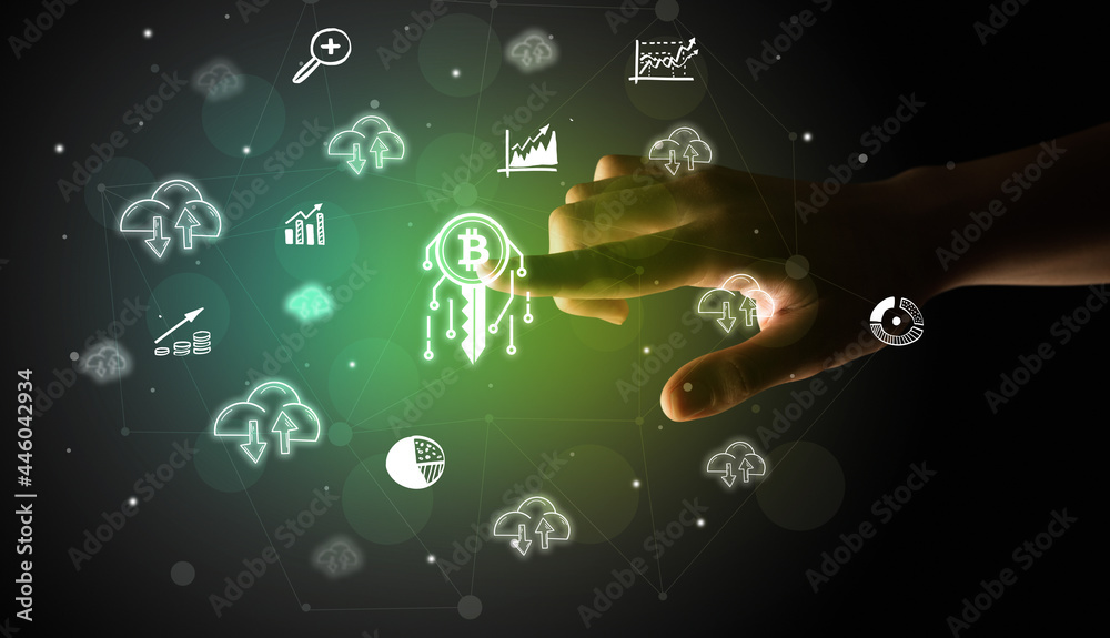 Businessman finger touching on screen multimedia interface with hand drawn currency icons Businessman finger touching on screen multimedia interface with hand drawn currency icons