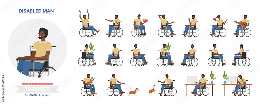 Disabled man poses vector illustration set. Cartoon bearded smiling male character with physical disability sitting in wheelchair, gesture or expression collection of disabled person isolated on white Disabled man poses vector illustration set. Cartoon bearded smiling male character with physical disability sitting in wheelchair, gesture or expression collection of disabled person isolated on white