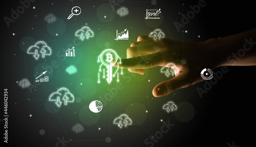 Businessman finger touching on screen multimedia interface with hand drawn currency icons