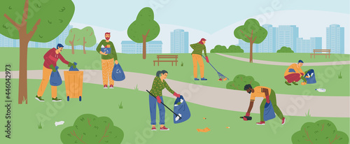 Fototapeta Naklejka Na Ścianę i Meble -  Vector banner with young people who clean up trash at city park.