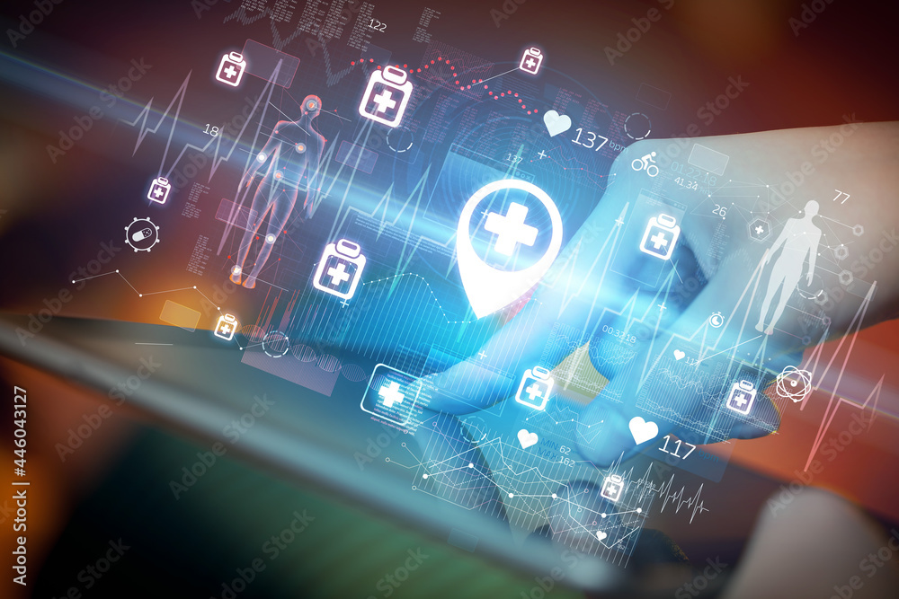 Close-up of a touchscreen with healthcare icons Close-up of a touchscreen with healthcare icons