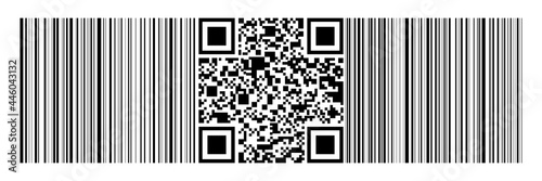 horizontal black bar code and qr code on white background