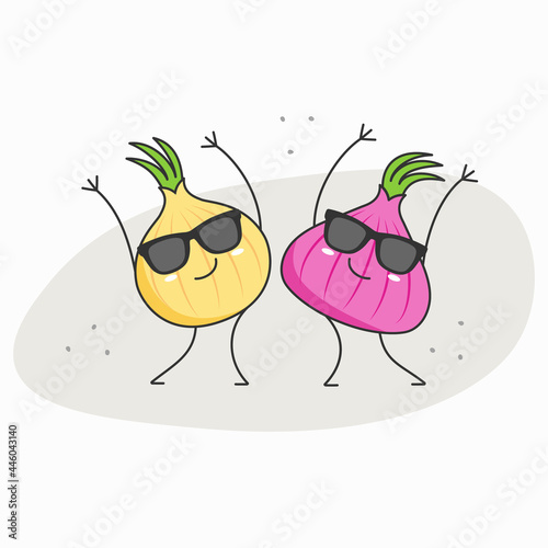 Dancing onion character cartoon happy vegetables emotions icon logo modern style vector illustration.