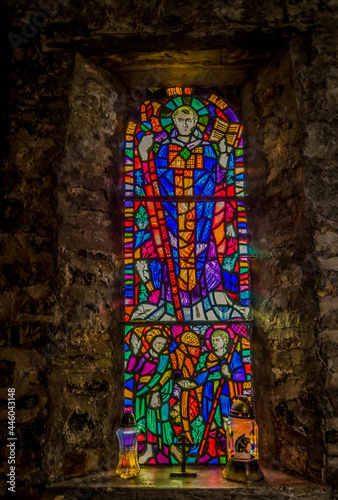St. Illtyds Church and Priory, Caldey Island, Pembrokeshire, Wales, UK.  Stained Glass Window