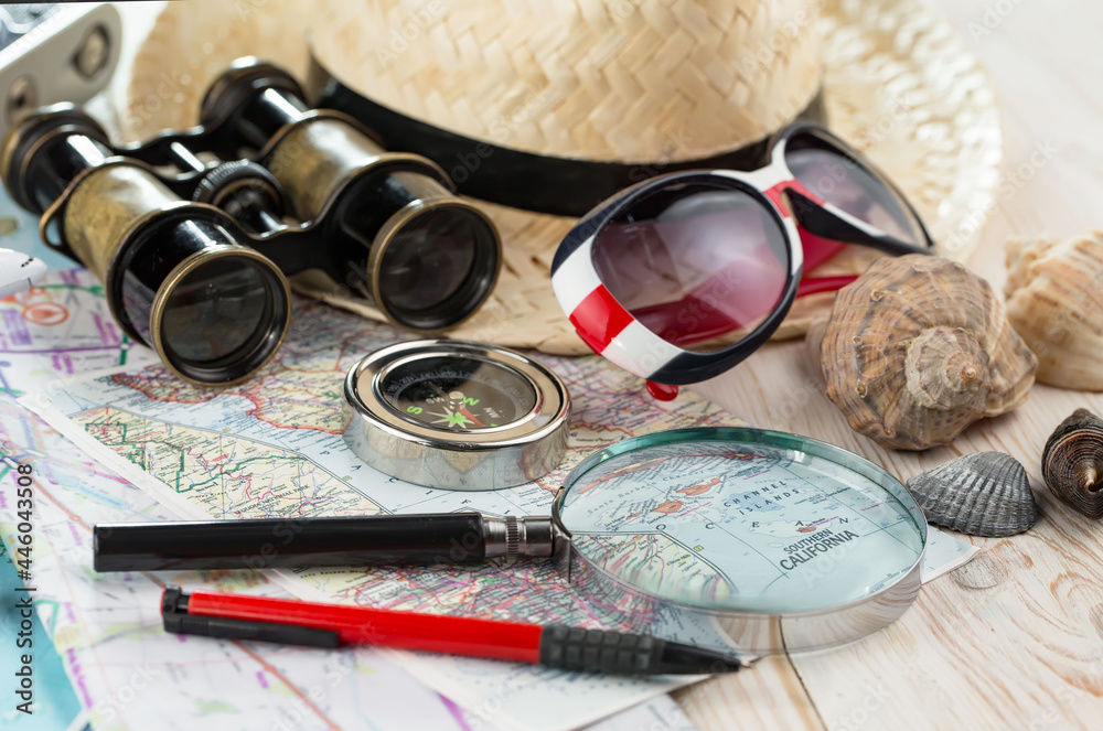 Items for rest and travel in composition on the table. Items for rest and travel in composition on the table.