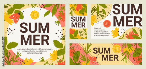 Summer discount sale set, banners with wild flowers, butterfly on green leaves vector illustration. Cartoon summertime ads collection with summer word and floral natural decor design website template