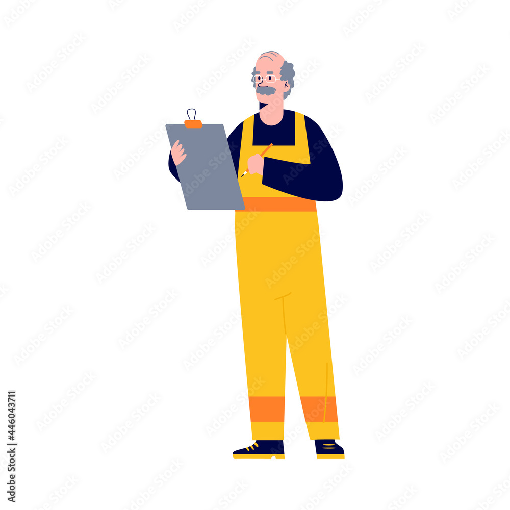 Auto mechanic in yellow overalls with folder in flat style
