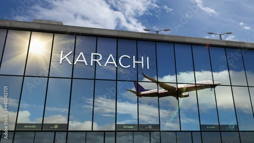 Jet aircraft landing at Karachi, Pakistan 3D rendering animation. Arrival in the city with the glass airport terminal and reflection of the plane. Travel, business, tourism and transport concept. photo