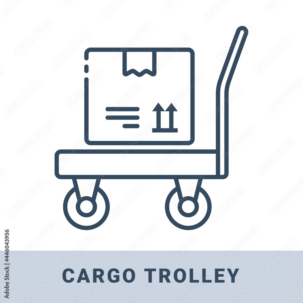 Cargo Trolley Cart with box outline icon. Delivery, shipping and logistic concept. Vector monochrome illustration isolated on white background. Cargo Trolley Cart with box outline icon. Delivery, shipping and logistic concept. Vector monochrome illustration isolated on white background.