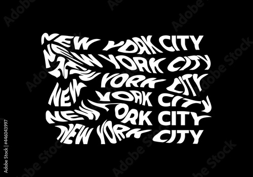 New York City typography text or slogan with wavy letters. T-shirt graphic with ripple or glitch effect. Abstract print, banner, poster, emblem design. Vector illustration.