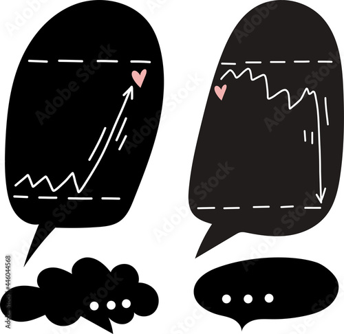Speech bubbles vector cartoon drawings with dynamics graph arrow chart going up and down. Psychology diagram