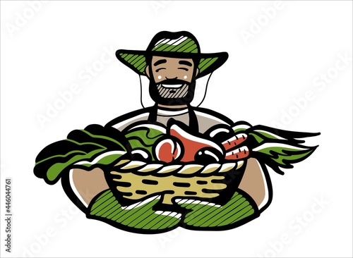 A strong tanned man farmer holds a basket with a crop of vegetables. An agronomist in a hat and gloves with plants. Color logo logo. Vector illustration