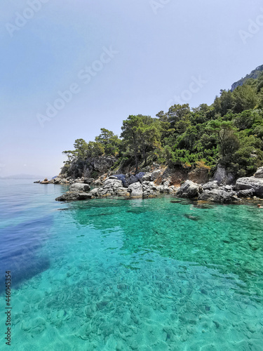 Beautiful view of the azure coast, rocks and pine trees. The Aegean sea. Turkey, Kusadasi.