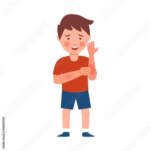 Boy children scratching arm. Kids suffering from strong allergy skin itchy symptom in flat design. Red rash skin irritation.