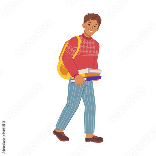 Student walking to school lesson with books and notebooks in hands and satchel on shoulders. Isolated preteen boy personage going to classes to study and learn. Flat cartoon character vector
