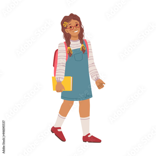 Female personage with satchel on shoulders and book in hand walking to school lessons and classes. Contemporary child attending educational establishment for study. Flat cartoon character vector