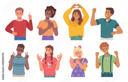 Gesturing children showing signs with hands, expression of joy and approval. Boys and kids with peace gesture, thumb up, hearts and okay. Excited preteens. Flat style cartoon character vector