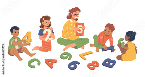 Classes in kindergarten with teacher and children learning numeric system. Isolated tutor with boys and girls holding numbers. Improvement and development education. Flat cartoon character vector