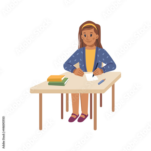 Preteen school girl sitting by desk at lesson writing down lecture in notebook. Isolated female personage child with books and supplies at table learning discipline. Flat cartoon character vector