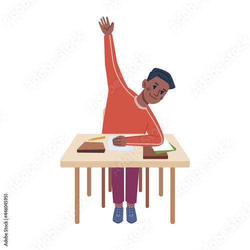 Student sitting by desk with school supplies raising hand, asking or answering kid by table. Studying child, curious pupil learning new discipline and rules. Flat style cartoon character vector