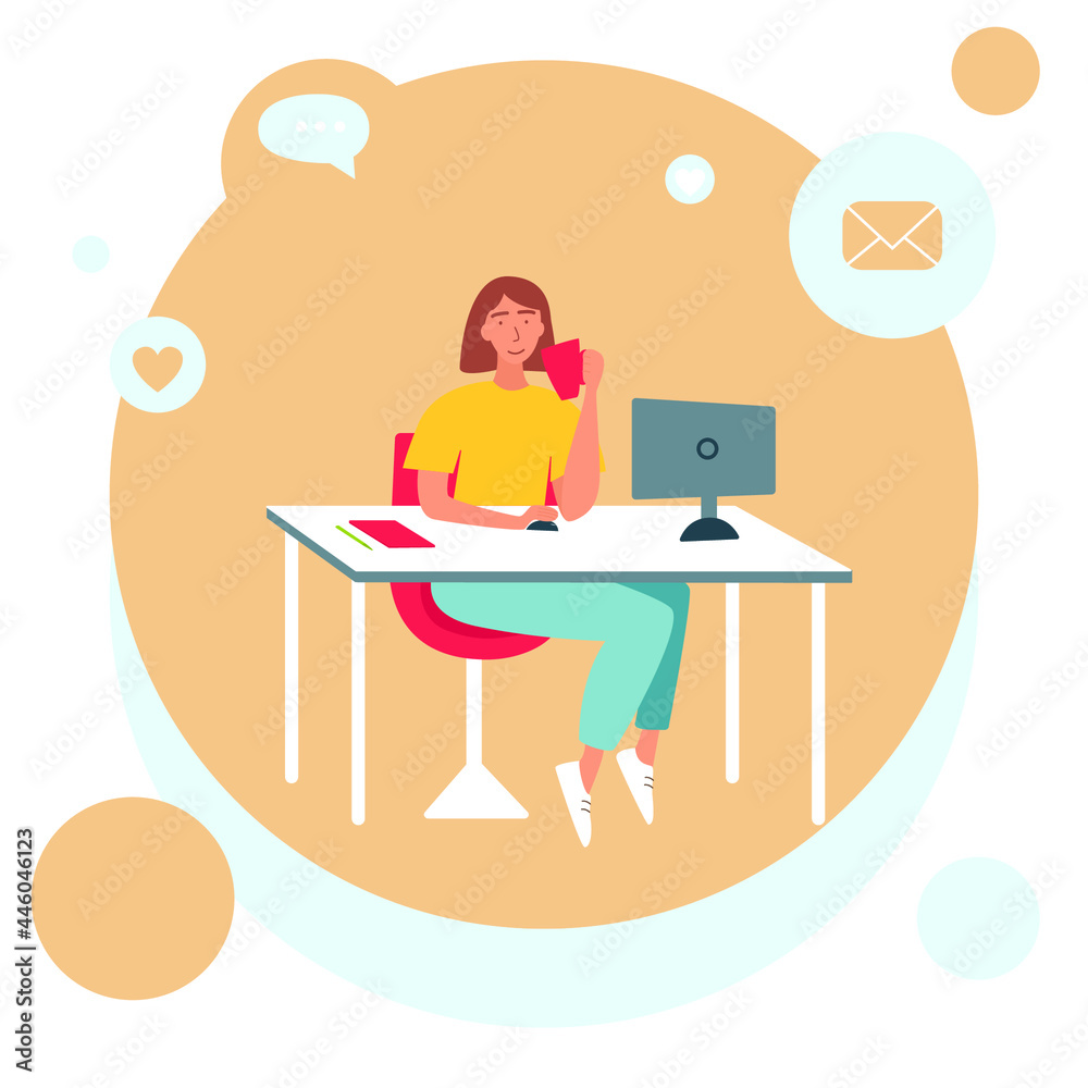 The concept of freelancing, working at home. A woman is sitting at a table in front of a computer and drinking a drink from a cup.