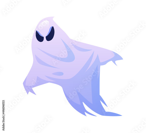 Halloween ghost with furious look  isolated evil monster of all hallows eve in october. Party costume for celebration. Floating apparition haunting and scaring. Flat cartoon character vector