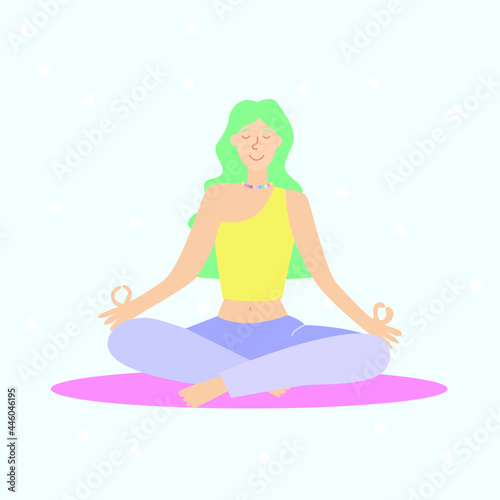 Young woman practices yoga. Physical and spiritual practice. Vector illustration in flat cartoon style. Women Healthy Sport Lifestyle, Pilates Workout.