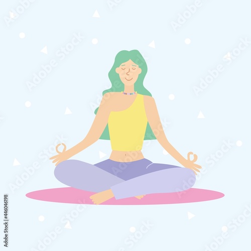 Young woman practices yoga. Physical and spiritual practice. Vector illustration in flat cartoon style. Women Healthy Sport Lifestyle, Pilates Workout.