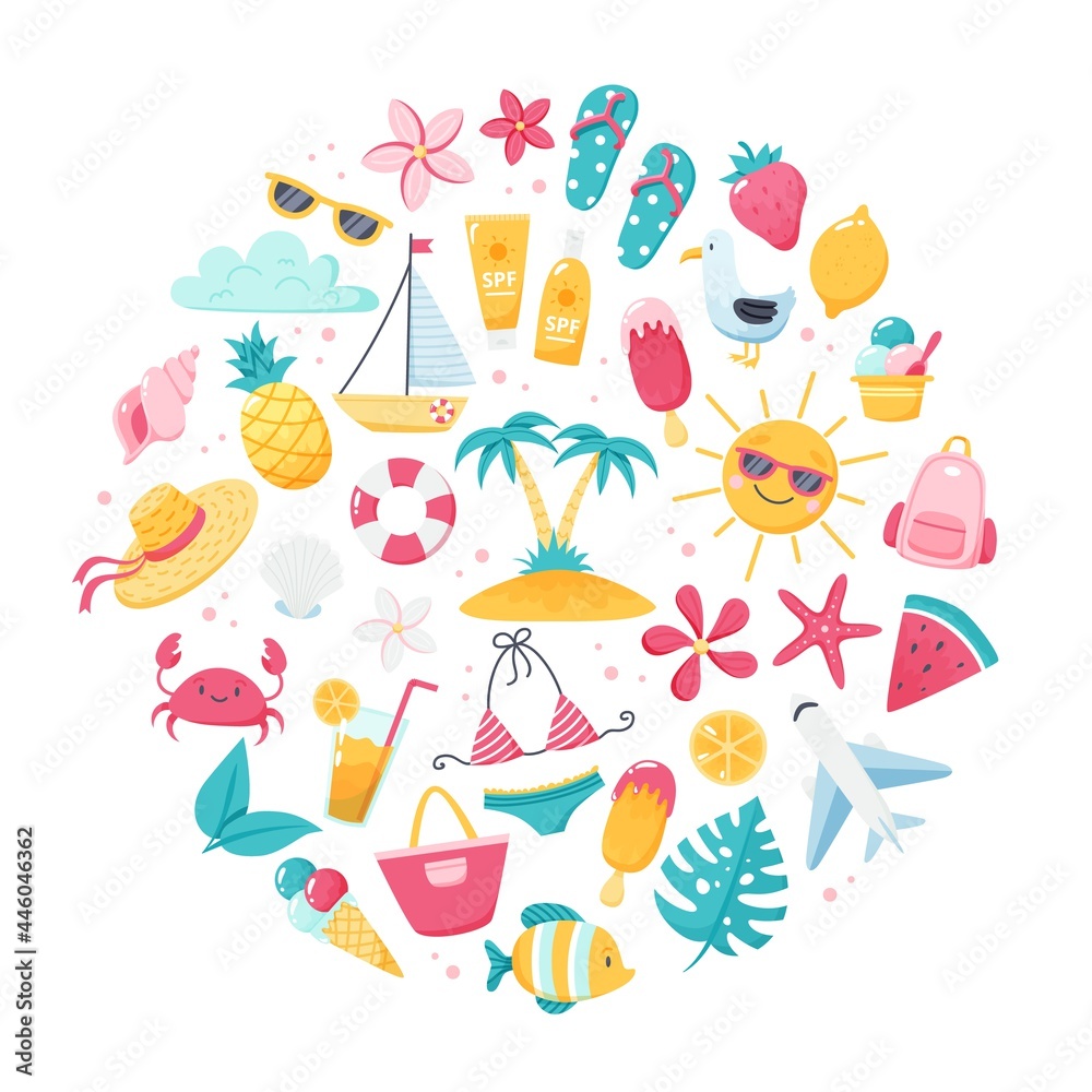 Summer set with cute beach elements bikini, flip flops, fruits, flowers, palm trees. Hand drawn flat cartoon elements. illustration