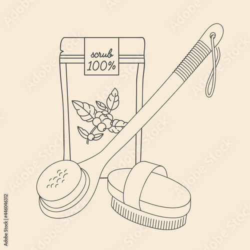 Vector linear illustration set wood dry brush for scrubbing body with coffee scrub, lotion and cosmetic cream. Beauty tool for daily body care.