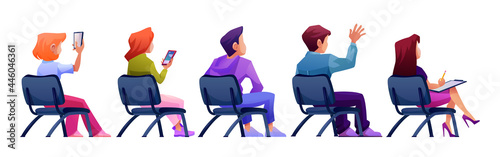 Audience sitting on chairs, isolated journalist, listeners or spectators on meeting or gathering. People asking questions or answering, raising hands discussing. Flat cartoon style character vector