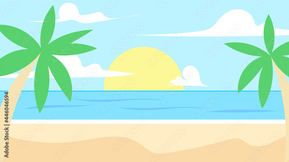 Beach by the sea in summer, blue sea and big sun and white clouds fill the sky and coconut palm beach with hot weather., illustration Vector EPS 10