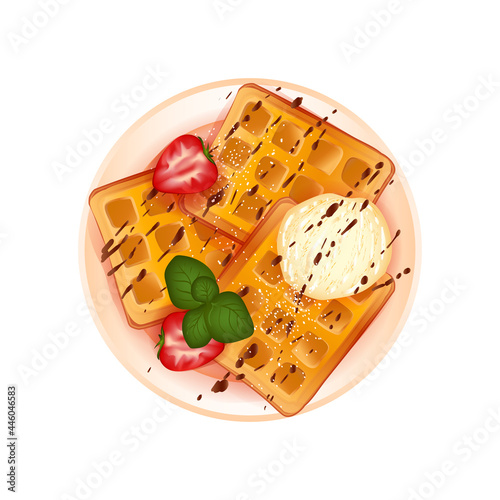 Belgium gold appetizing waffles on saucer with vanilla icecream, green peppermint leaves, red berries, dark chocolate sirup topping vector illustration isolated on white background.
