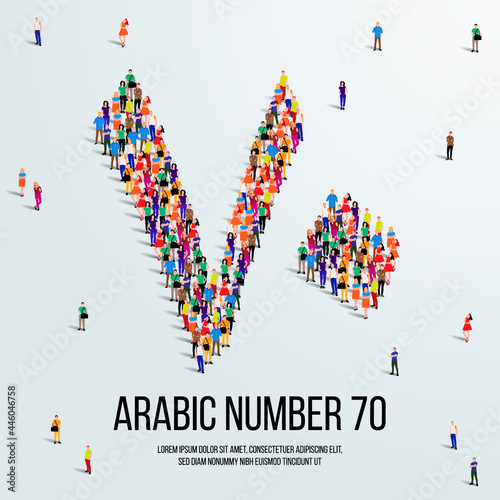 large group of people form to create the number 70 or Seventy in Arabic. People font or Number. Vector illustration of Arabic number 70.