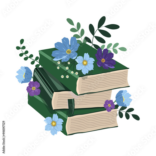 vector hand drawn illustration - a stack of books and flowers . summer mood. flat trending illustration for greeting card, flyers, magazines, websites and apps