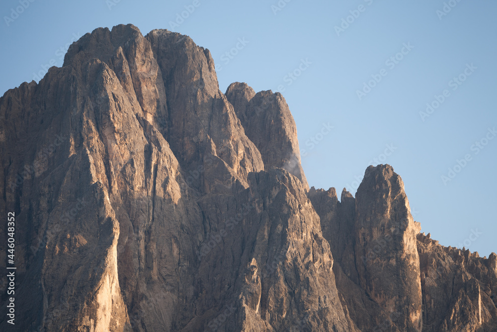 The northern side of Sasso Lungo at sunset from the Val Gardena area