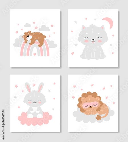 Set of cute posters for the nursery. A bear on a rainbow, a bunny on a cloud, a cat, a sleeping lion in a mask on a cloud. Room decor, postcard, invitation. Vector illustration in flat style