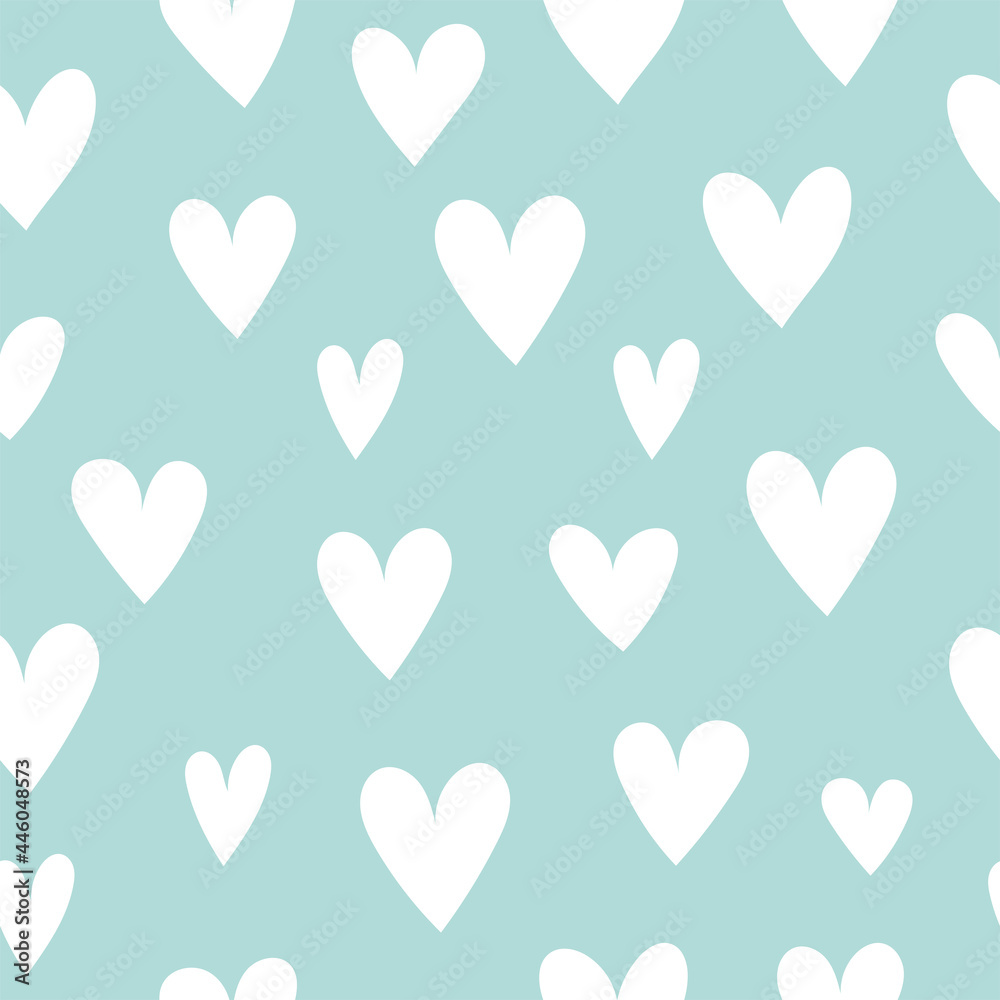 Simple seamless pattern with hearts. Love, Valentine's Day, holiday decor and fabrics. Vector illustration of white hearts on a light blue background Simple seamless pattern with hearts. Love, Valentine's Day, holiday decor and fabrics. Vector illustration of white hearts on a light blue background