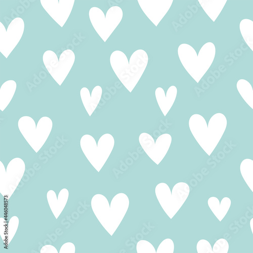 Simple seamless pattern with hearts. Love, Valentine's Day, holiday decor and fabrics. Vector illustration of white hearts on a light blue background