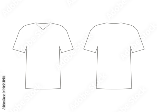 Mens white t-shirt outline template with short sleeve and v neck. Shirt mockup in front and back view. Vector illustration photo