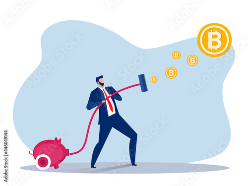 business man vacuuming money catch bitcoin investment concept . Vector