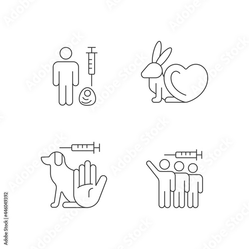 No animal experiments linear icons set. Alternative for pet experimentations in laboratory. Customizable thin line contour symbols. Isolated vector outline illustrations. Editable stroke