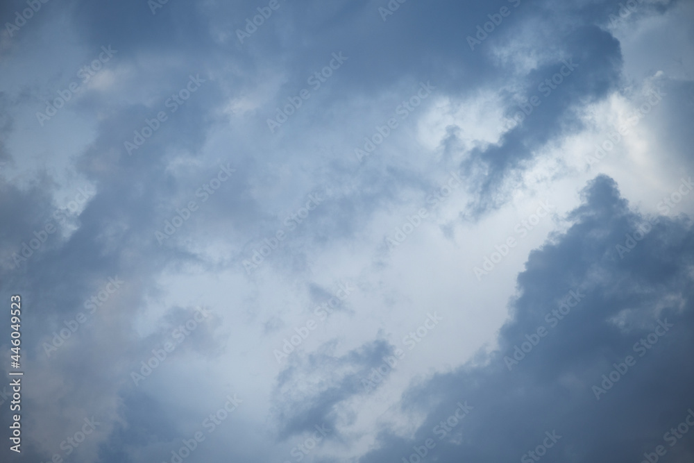 Mesmerizing clouds loaded with water to pour like rain inside. Vector, blue sky, cloud texture. Travel rain