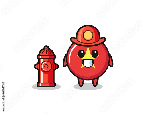 Mascot character of vietnam flag badge as a firefighter