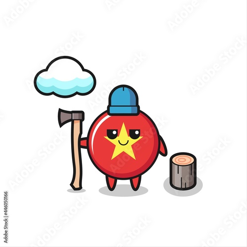 Character cartoon of vietnam flag badge as a woodcutter