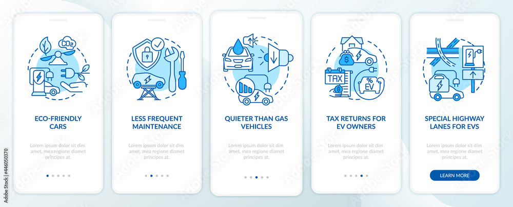Eco-friendly advantages onboarding mobile app page screen. Electric vehicle service walkthrough 5 steps graphic instructions with concepts. UI, UX, GUI vector template with linear color illustrations
