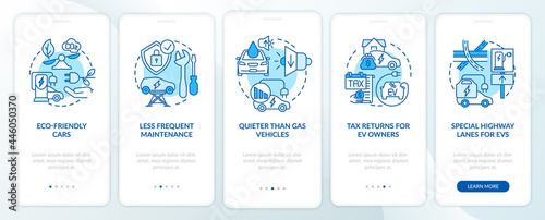 Eco-friendly advantages onboarding mobile app page screen. Electric vehicle service walkthrough 5 steps graphic instructions with concepts. UI, UX, GUI vector template with linear color illustrations