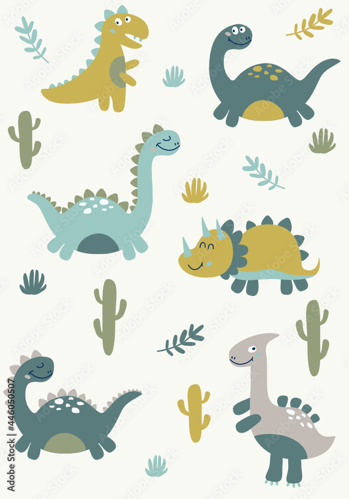 Naklejka Zestaw ładny dinozaurów. Doodle postacie z kreskówek dino na plakaty, karty, koszulki dla dzieci. Ilustracja wektorowa.