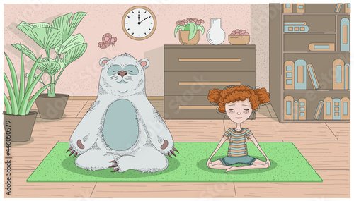 Yoga classes at home together. Red curly girl with a bear are practiceng meditation in the living room. Potted plant, clock, butterfly, yoga mat, bookcase, comod, friendly and cheerful atmosphere. photo